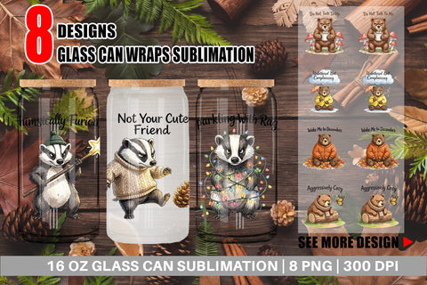 Glass Can Grumpy Bear Badger Hygge Watercolor Sublimation artnoy 