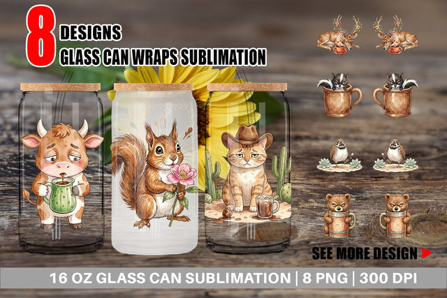 Glass Can Grumpy Desert Coffee Animal Watercolor Sublimation artnoy 