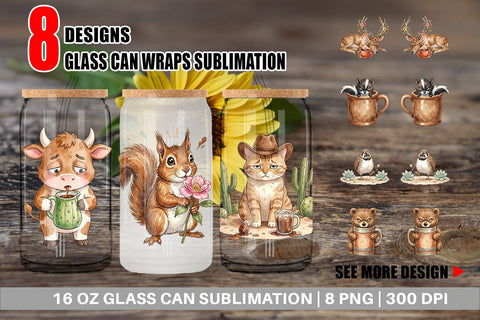 Glass Can Grumpy Desert Coffee Animal Watercolor Sublimation artnoy 