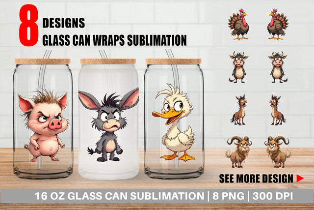 Glass Can Grumpy Farm Animals Sublimation artnoy 