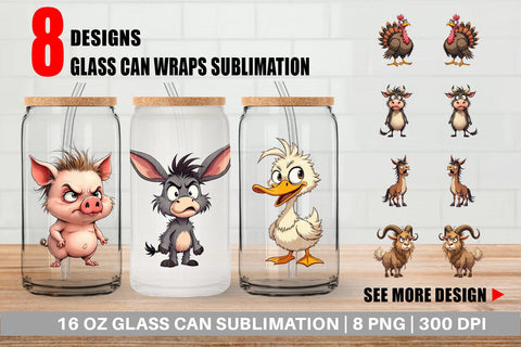 Glass Can Grumpy Farm Animals Sublimation artnoy 