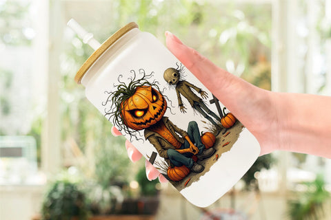 Glass Can Grumpy Jack o Lantern Sublimation artnoy 