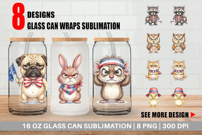 Glass Can Grumpy Patriotic Pets Ink Sublimation artnoy 