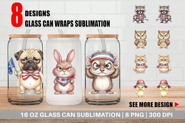 Glass Can Grumpy Patriotic Pets Ink Sublimation artnoy 