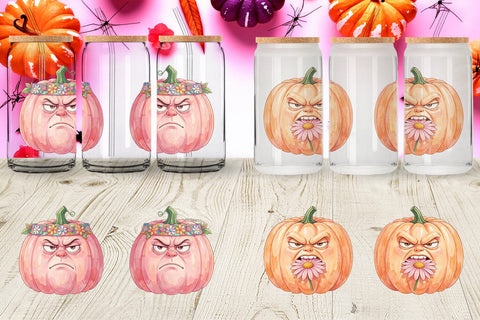 Glass Can Grumpy Pink Pumpkin Retro Watercolor Sublimation artnoy 
