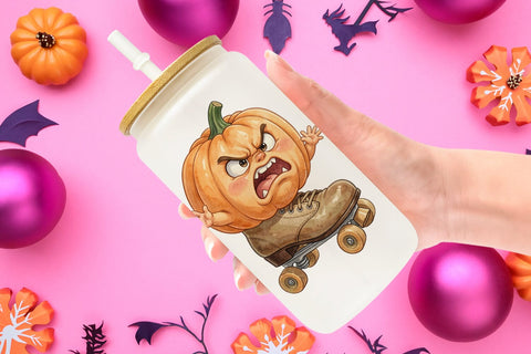 Glass Can Grumpy Pink Pumpkin Retro Watercolor Sublimation artnoy 