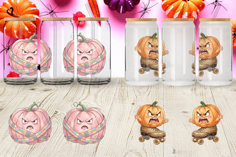Glass Can Grumpy Pink Pumpkin Retro Watercolor Sublimation artnoy 