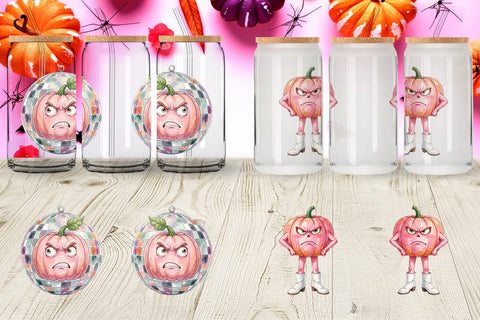 Glass Can Grumpy Pink Pumpkin Retro Watercolor Sublimation artnoy 