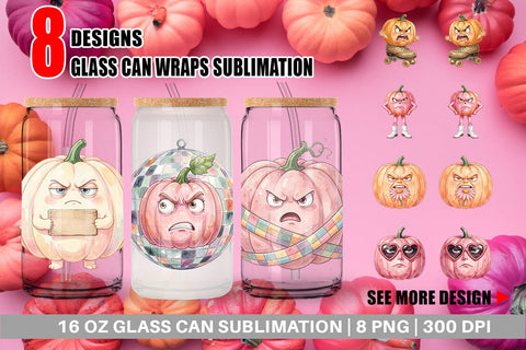 Glass Can Grumpy Pink Pumpkin Retro Watercolor Sublimation artnoy 