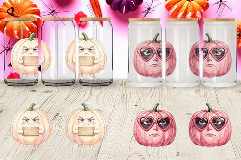 Glass Can Grumpy Pink Pumpkin Retro Watercolor Sublimation artnoy 