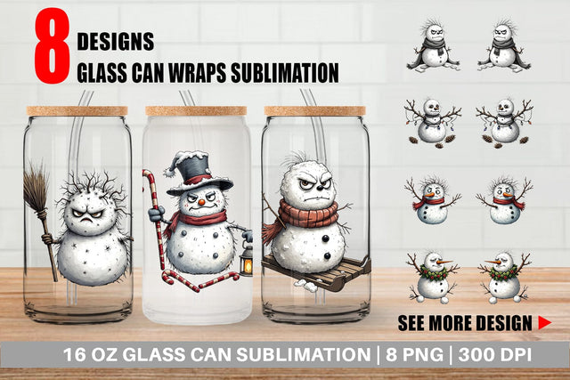Glass Can Grumpy Snowman Sublimation artnoy 
