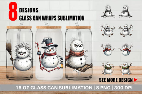 Glass Can Grumpy Snowman Sublimation artnoy 