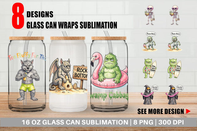 Glass Can Grumpy Summerween Monster Watercolor Sublimation artnoy 