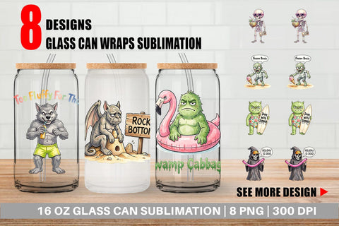Glass Can Grumpy Summerween Monster Watercolor Sublimation artnoy 