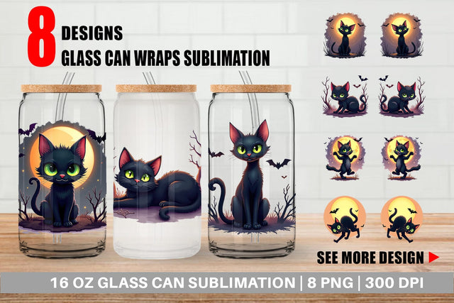 Glass Can Halloween Cat Glow Sublimation artnoy 