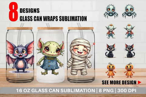Glass Can Halloween Characters Watercolor Sublimation artnoy 