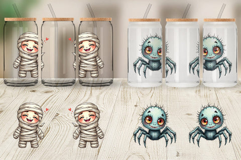 Glass Can Halloween Characters Watercolor Sublimation artnoy 