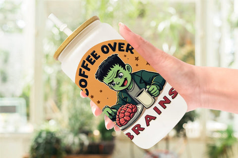Glass Can Halloween Frankenstein Coffee Sublimation artnoy 