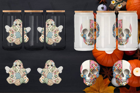 Glass Can Halloween Patchwork Folk Art Sublimation artnoy 