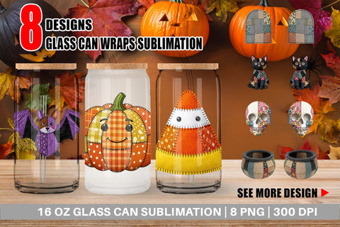 Glass Can Halloween Patchwork Folk Art Sublimation artnoy 