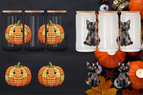 Glass Can Halloween Patchwork Folk Art Sublimation artnoy 