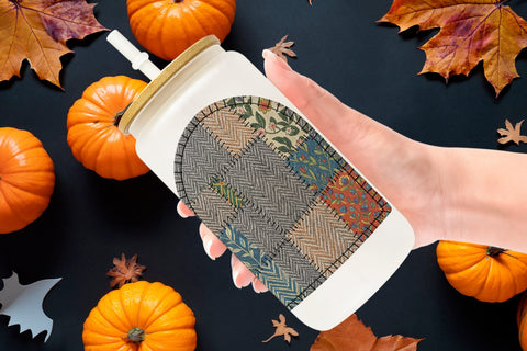 Glass Can Halloween Patchwork Folk Art Sublimation artnoy 