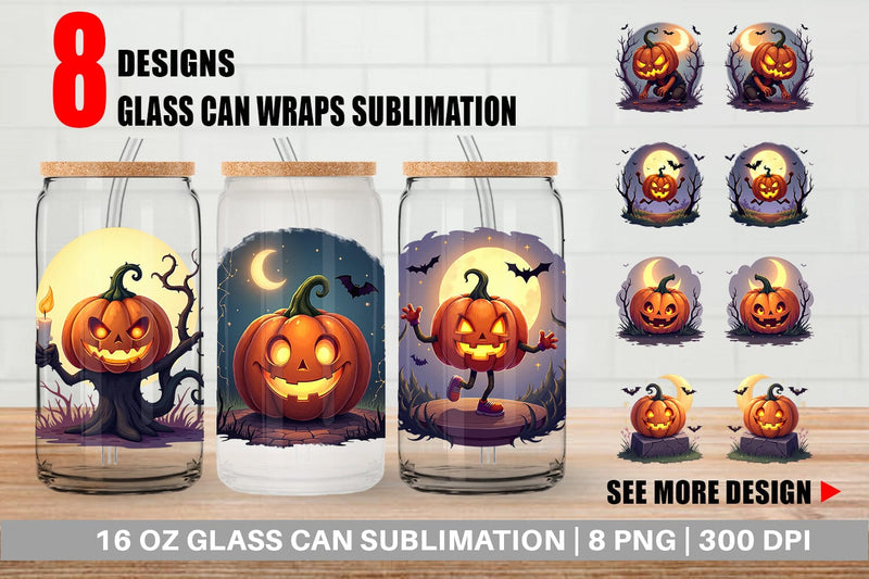 Glass Can Halloween Pumpkin Gleam Sublimation artnoy 