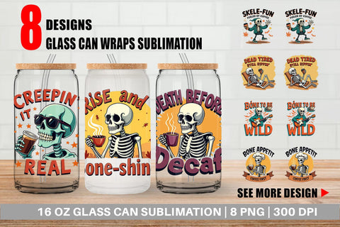 Glass Can Halloween Skeleton Coffee Sublimation artnoy 