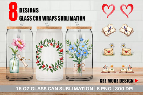 Glass Can Handmade Valentine Blooms & Notes Watercolor Sublimation artnoy 
