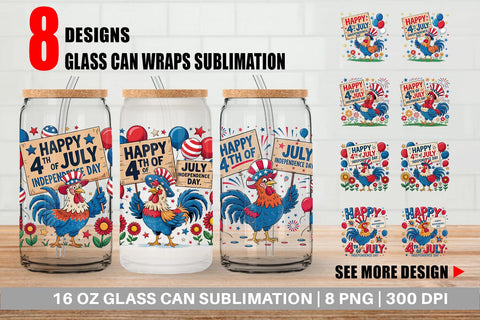 Glass Can Happy 4th of July Rooster Sublimation artnoy 