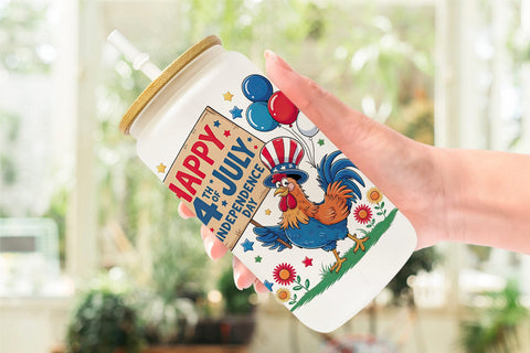 Glass Can Happy 4th of July Rooster Sublimation artnoy 