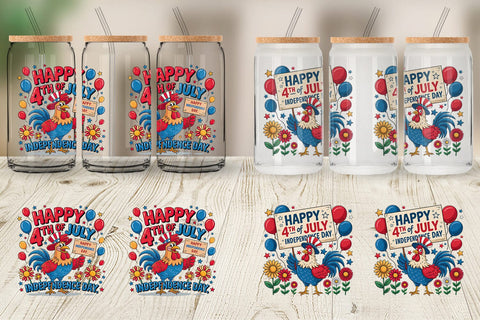 Glass Can Happy 4th of July Rooster Sublimation artnoy 