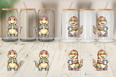 Glass Can Happy Campfire Dino Watercolor Sublimation artnoy 
