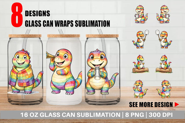 Glass Can Happy Campfire Dino Watercolor Sublimation artnoy 