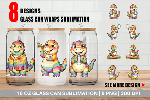 Glass Can Happy Campfire Dino Watercolor Sublimation artnoy 