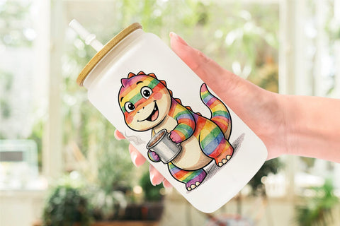 Glass Can Happy Campfire Dino Watercolor Sublimation artnoy 