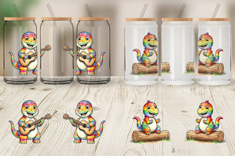 Glass Can Happy Campfire Dino Watercolor Sublimation artnoy 