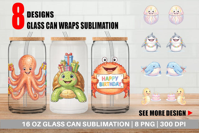 Glass Can Happy Round Ocean Birthday Watercolor Sublimation artnoy 