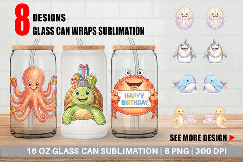 Glass Can Happy Round Ocean Birthday Watercolor Sublimation artnoy 
