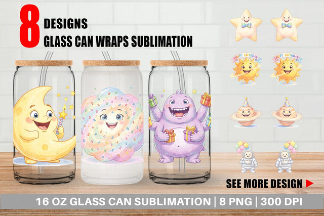 Glass Can Happy Round Space Birthday Watercolor Sublimation artnoy 