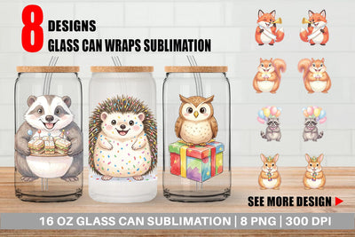 Glass Can Happy Round Woodland Birthday Watercolor Sublimation artnoy 