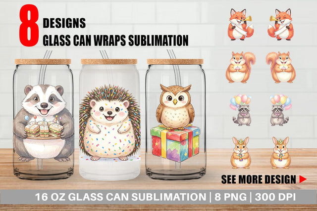 Glass Can Happy Round Woodland Birthday Watercolor Sublimation artnoy 