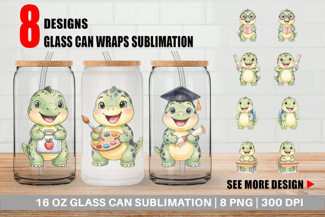 Glass Can Happy School Dino Pal Watercolor Sublimation artnoy 