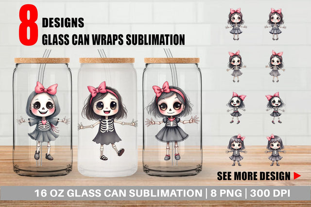 Glass Can Happy Skeleton Girl Sublimation artnoy 