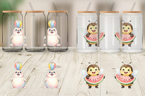 Glass Can Happy Summer Animals Watercolor Sublimation artnoy 