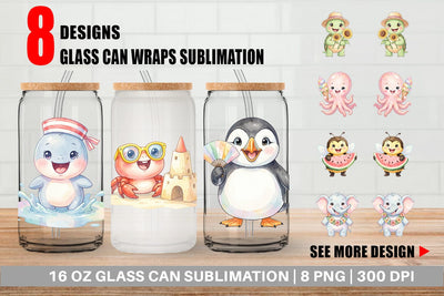 Glass Can Happy Summer Animals Watercolor Sublimation artnoy 