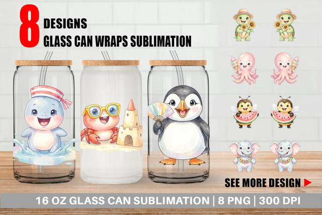 Glass Can Happy Summer Animals Watercolor Sublimation artnoy 
