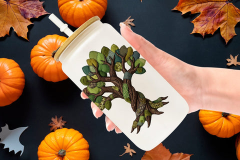 Glass Can Haunted Harvest Botanical Patchwork Sublimation artnoy 