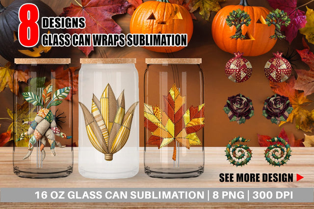 Glass Can Haunted Harvest Botanical Patchwork Sublimation artnoy 