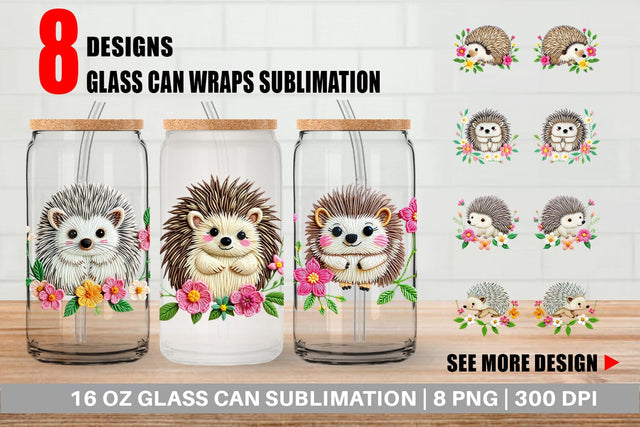 Glass Can Hedgehog Embroidery Sublimation artnoy 